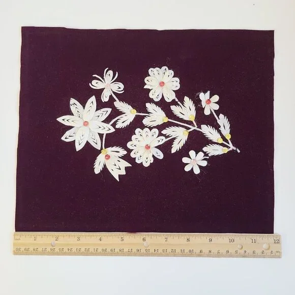 Handcrafted Floral Applique On Deep Burgundy Velvet 1970's White Petals Sequence - Picture 3 of 11
